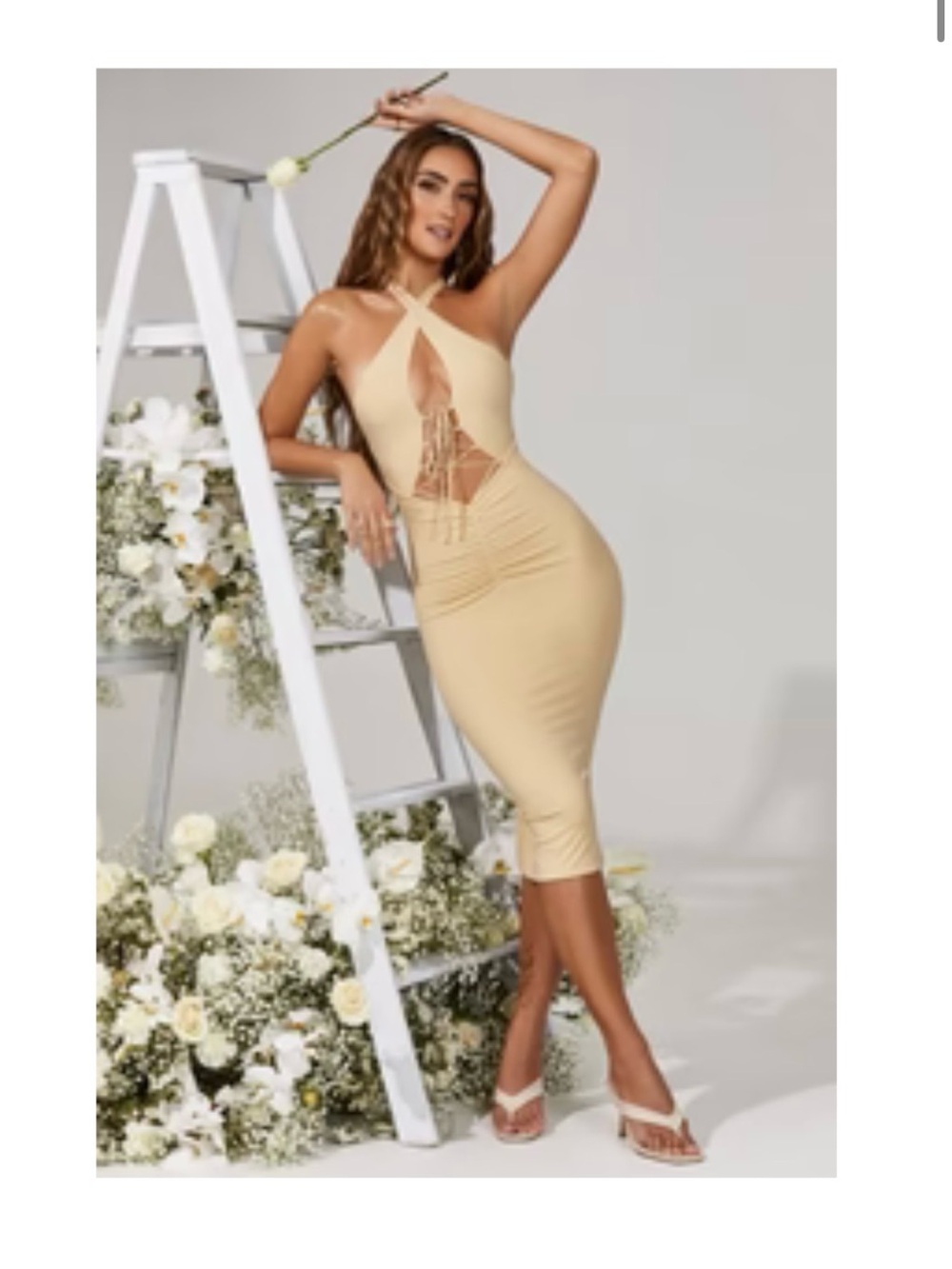 Oh Polly Cream Backless Halter Midi Dress